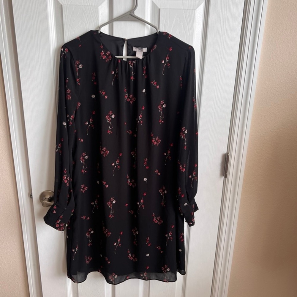 H&M Floral Print Long Sleeve Mini Dress Button Cuff Black Size‎ 10